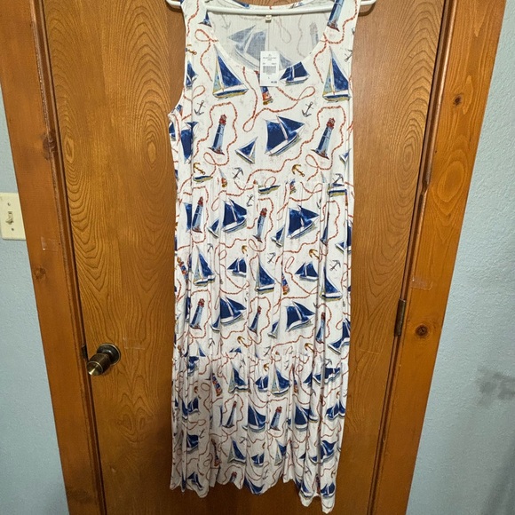 Nautical Print Sail Boats and Lighthouse Print on Sleeveless Maxi Dress - Picture 1 of 9